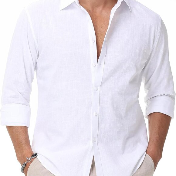 Linen Shirts for Men Casual Button Down Long Sleeve Shirt Solid Summer Beach Haw